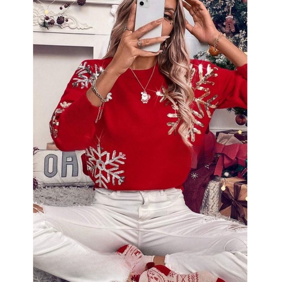Red Long Sweater Sequin Snowflake Appliqué Round Neck, Knit Pullover - Picture 1 of 8